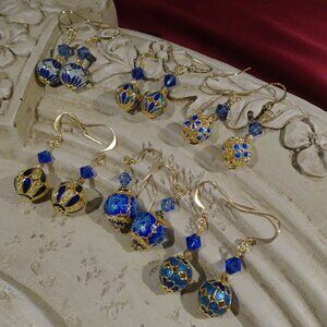 Cloisonne earrings in six blue variations of artful design